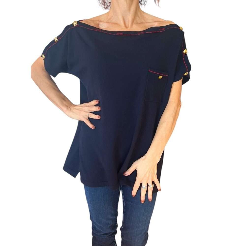LEO & UGO PARIS BOAT NECK GOLD BUTTONS SWEATER SHORT SLEEVE NAVY RED NWT 5 XL